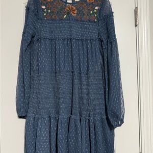 Maeve Blue Midi Dress with Floral Embroidery